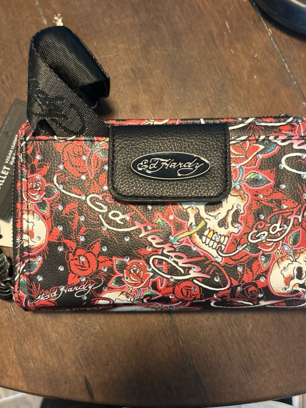 Ed Hardy Black Red Floral Skull Crossbody Bag